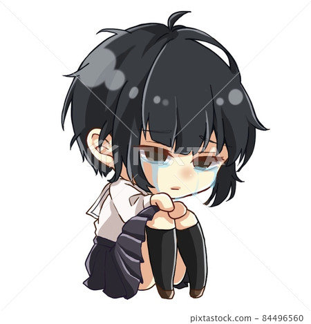 A crying girl in uniform, facing right, illustration 84496560
