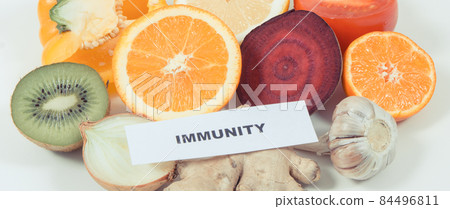 Inscription immunity and fresh fruits with vegetables. Source natural vitamins and minerals 84496811