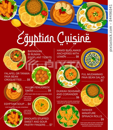 Egyptian cuisine menu page template. Eggplant tidbits, Egyptian soup and spinach rolls, Taamia Fava, Dukkah seasame and Briouats fingers, Hamsi Buglamasi, Hulba Fenugreek sauce and Ful Mudammas salad 84496841