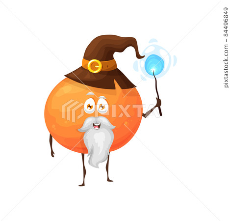 Cartoon orange fruit wizard or magician character, vector kids fairy tale personage. Funny cute orange fruit as wizard or sorcerer with magic wand or power stick and witch hat Cartoon orange fruit wizard or magician character, vector kids fairy tale personage. Funny cute orange fruit as wizard or sorcerer with magic wand or power stick and witch hat 84496849