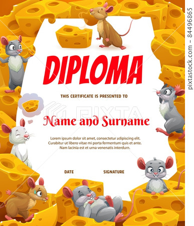 Cartoon funny mouses and cheese on kids diploma. Child education achievement award or certificate, graduation diploma with funny mouses or mice cartoon characters playing, sleeping and eating cheese 84496865
