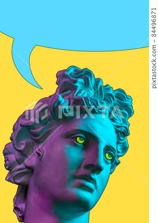 Collage with sculpture of human face in a pop art style. Creative concept image with statue head and comics bubble. Zine culture. Contemporary art poster. Comics design. Funky minimalism. Copy space. 84496871