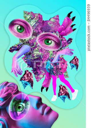 Modern creative image with ancient statue head and sea shells. Collage with sculpture faces and seashells in surreal style. Contemporary art poster. Wallpaper mockup template design. Marine mythology. 84496939