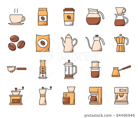 Coffee drink line icons set. Steaming hot coffee cup, beans bag and moka pot, manual and power coffee grinders, espresso and drip machine, turkish cezve, french and american press outline pictogram 84496949