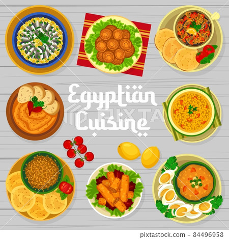 Egyptian cuisine menu cover design template. Hulba Fenugreek sauce, Dukkah seasame and Hamsi Buglamasi, Ful Mudammas salad, Briouats fingers and Egyptian soup, eggplant tidbits, Taamia Fava croquettes 84496958