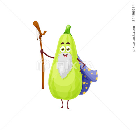 Happy zucchini or squash vegetable wizard character. Vector veggies necromancer, cartoon funny magician in cape with stars and wooden staff. Garden plant sorcerer, magic personage, enchanter food 84496984