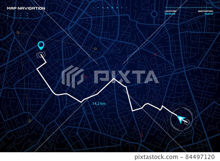 City map navigation interface. GPS navigator vector screen, street roads and location background. City map screen interface with road destination pin, compass and traffic route direction arrows 84497120