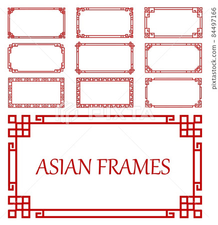 Korean, chinese and japanese asian red frames and borders. Oriental rectangular frames with endless knot line ornaments, vector asian geometric traditional borders, dividers or vintage embellish 84497166