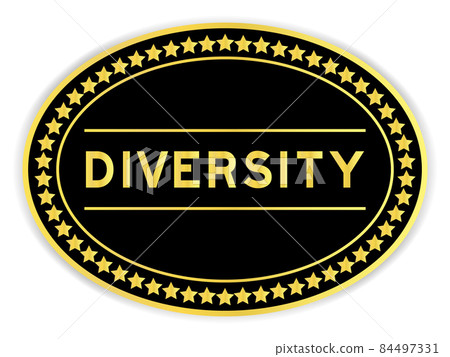 Black and gold color round label sticker with word diversity on white background 84497331