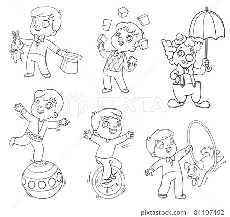 Little boy performs different circus tricks 84497492