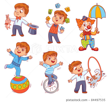 Boy performs different circus tricks 84497535