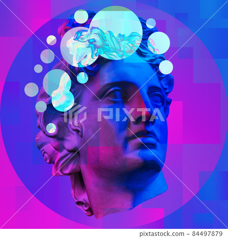 Collage with plaster antique sculpture of human face in a pop art style. Modern creative concept image with ancient statue head. Zine culture. Contemporary art poster. Funky minimalism. Retro design. 84497879