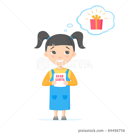 Girl wishing and dreaming about gift on Christmas. Kid writing letter to Santa Claus and asking for present. Child waiting for winter holidays. Christmas gifts. Flat design, vector illustration Girl wishing and dreaming about gift on Christmas. Kid writing letter to Santa Claus and asking for present. Child waiting for winter holidays. Christmas gifts. Flat design, vector illustration 84498756