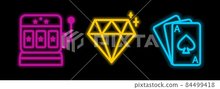 Casino neon icons. Slot machine and playing cards. Neon-style templates. Vector illustration 84499418