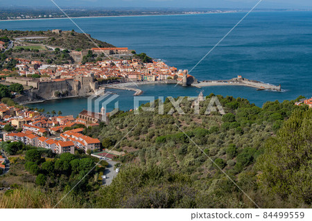 The amazing aerial view over Collioure from Fort Saint Elme surrounded by vineyards, Vermeille coast 84499559