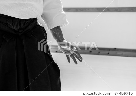 Man practicing aikido in a dojo background. 84499710