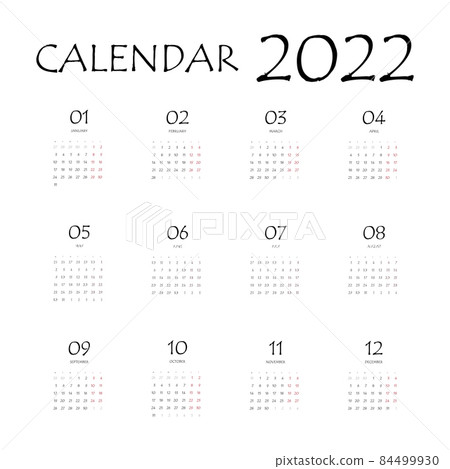 2022 calendar planner. Corporate week. Template layout, 12 months yearly, white background. Simple design for business brochure, flyer, print media, advertisement. Week starts from Monday 84499930