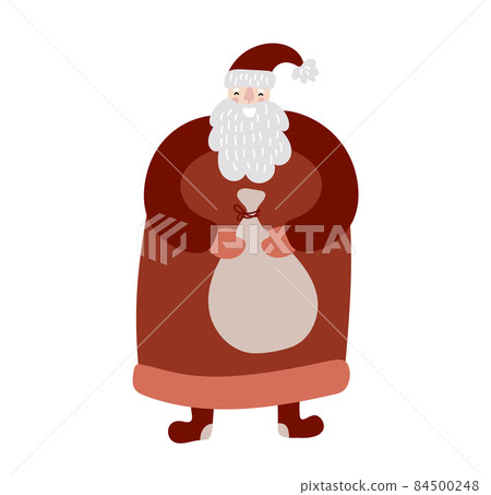 Hand drawn vector fun Santa Claus with bag in his hands with many surprise gifts Merry Christmas time. Baby Scandinavian Illustration greeting card modern typography isolated Hand drawn vector fun Santa Claus with bag in his hands with many surprise gifts Merry Christmas time. Baby Scandinavian Illustration greeting card modern typography isolated 84500248