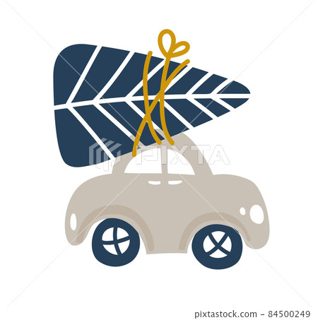 Baby Vector hand drawn car with Christmas tree on white isolated background. Scandinavian cute illustration for kids design textile, greeting card, holiday poster Baby Vector hand drawn car with Christmas tree on white isolated background. Scandinavian cute illustration for kids design textile, greeting card, holiday poster 84500249