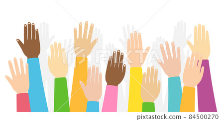Raised hands volunteering background. Colorful hand up wave banner. People rights election. Inclusion and diversity culture equity. Volunteer social help. Inclusive solidarity union. Vector Raised hands volunteering background. Colorful hand up wave banner. People rights election. Inclusion and diversity culture equity. Volunteer social help. Inclusive solidarity union. Vector 84500270