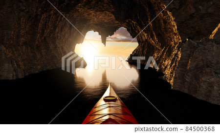 Red Kayak paddling in water inside a rocky cave Red Kayak paddling in water inside a rocky cave 84500368