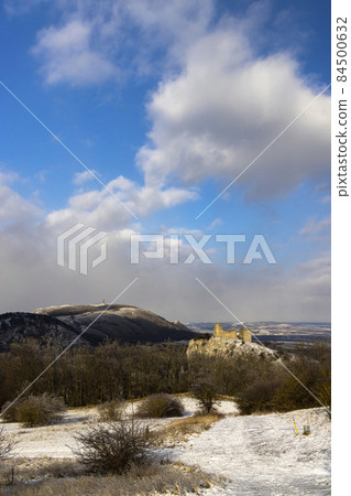 Palava winter landscape with Sirotci hradek ruins, Southern Moravia, Czech Republic 84500632