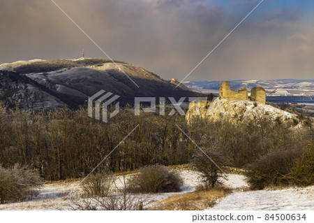 Palava winter landscape with Sirotci hradek ruins, Southern Moravia, Czech Republic 84500634