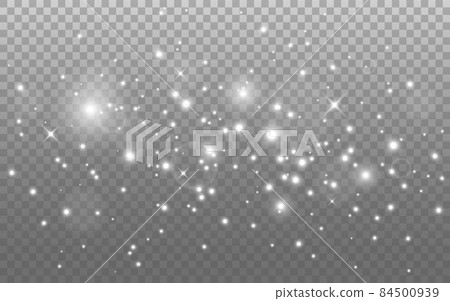 Glowing lights effect. Silver sparkle, stars and bokeh. Magic beautiful glitter. White sparks and flares. Abstract glow composition. Isolated holiday shine. Special silver dust. Vector illustration 84500939