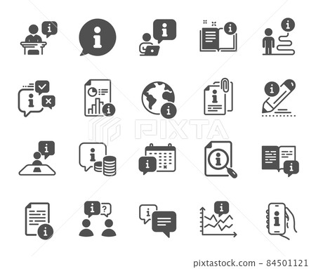 Info center icons. Reception information, Journey path, Guide book. Call center, Faq chat bubbles, Info help desk icons. Question mark, Search information and Customer help service. Vector 84501121