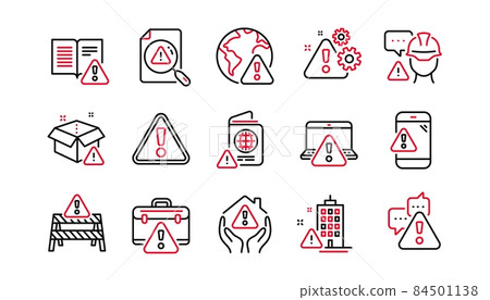 Warnings line icons. Caution sign, Exclamation mark, Risk attention. Danger alert, error caution, urgent information line icons. Safety risk, construction warning, documentation error. Vector 84501138