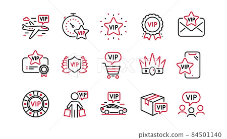 Vip line icons set. Very important person, delivery parcel, casino chips. Certificate medal, player table, vip buyer icons. Crown, casino ticket, business class flight. Membership privilege. Vector 84501140