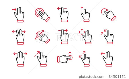 Touchscreen gesture line icons. Hand swipe, Slide gesture, Multitasking icons. Touchscreen technology, tap on screen, drag and drop. Linear set. Linear set. Quality line set. Vector 84501151