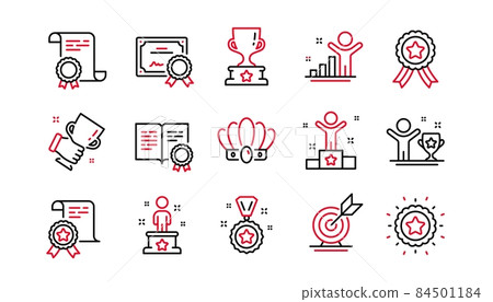 Success line icons set. Certificate, winner cup, goal target. Reward, medal with ribbon, crown icons. Award, winner podium, first place success. Statue, diploma with certificate, challenge. Vector Success line icons set. Certificate, winner cup, goal target. Reward, medal with ribbon, crown icons. Award, winner podium, first place success. Statue, diploma with certificate, challenge. Vector 84501184