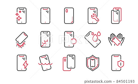 Smartphone protection line icons. Tempered glass, screen protector and water resistant. Phone cover, display glass protection and shockproof device icons. Linear set. Linear set. Vector 84501193