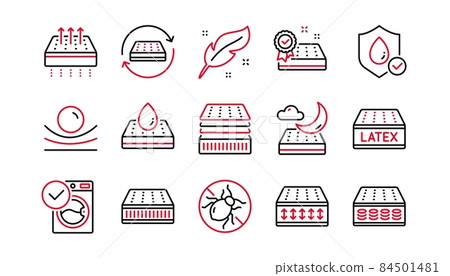 Mattress line icons set. Memory foam, pillow, latex. Breathable, washable, bed tick icons. Light weight, natural material, pocket sprung mattress. Bed mite, antiallergic latex. Linear set. Vector 84501481