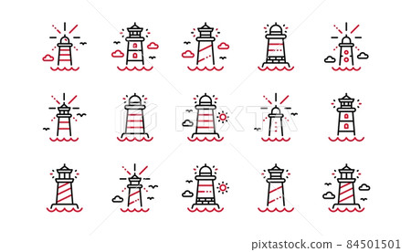 Lighthouse line icons. Searchlight tower with seagull for marine navigation of ships. Sea pharos, lighthouse or beacon icons. Linear set. Linear set. Quality line set. Vector 84501501