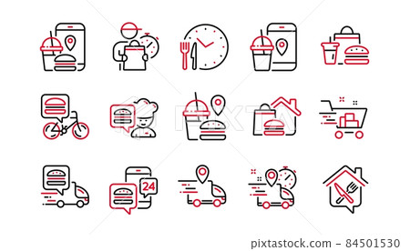 Food delivery line icons. Courier, Deliveryman, Grocery retail. Delivery truck, meal bag, home food order icons. Cart deliver, contactless service, courier location. Fast food package. Vector Food delivery line icons. Courier, Deliveryman, Grocery retail. Delivery truck, meal bag, home food order icons. Cart deliver, contactless service, courier location. Fast food package. Vector 84501530