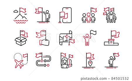 Flag line icons. Leadership, Goal Success, Winner with Flag. Navigation Map, Travel goal destination, People protest line icons. Mountain with Flag pole, Delivery box, Ownership. Linear set. Vector 84501532