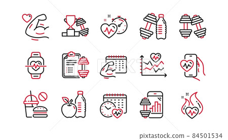 Fitness time line icons. Bike Workout, Strong Muscle Arm, Gym fit dumbbell. Training analysis, Workout plan and Cardio exercise line icons. Dumbbell sport equipment, Healthy food, Muscle. Vector 84501534
