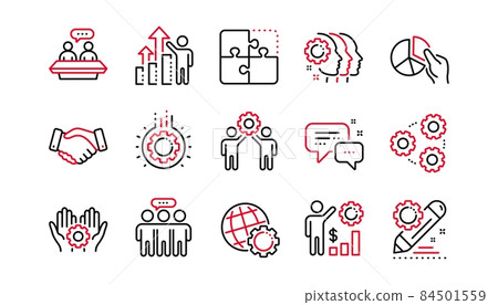 Employees benefits line icons. Business strategy, handshake and people collaboration. Teamwork, social responsibility, people relationship icons. Linear set. Linear set. Quality line set. Vector Employees benefits line icons. Business strategy, handshake and people collaboration. Teamwork, social responsibility, people relationship icons. Linear set. Linear set. Quality line set. Vector 84501559