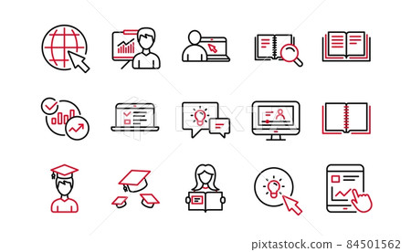 Education line icons. Book, Video tutorial and Instructions. Presentation linear icon set. Linear set. Quality line set. Vector Education line icons. Book, Video tutorial and Instructions. Presentation linear icon set. Linear set. Quality line set. Vector 84501562