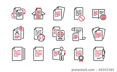 Documents line icons set. Contract agreement, Passport, Copy files. CV interview, documents workflow, attachment clip icons. Change files, wrong document, bureaucracy and contract signature. Vector Documents line icons set. Contract agreement, Passport, Copy files. CV interview, documents workflow, attachment clip icons. Change files, wrong document, bureaucracy and contract signature. Vector 84501565
