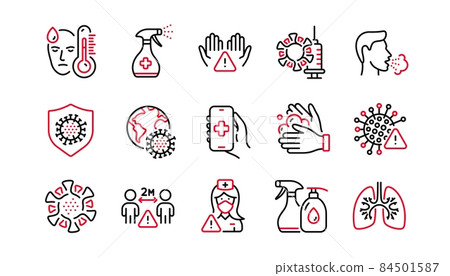 Coronavirus line icons. Medical Mask, Washing Hands, Corona Virus Symptoms. Social Distance, Hand Sanitizer, Face mask line icons. Covid-19 pandemic, Lung Disease, coronavirus hygiene. Vector 84501587