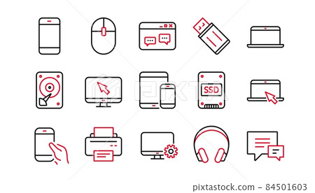Device line icons. Laptop, SSD and Headphones. Printer linear icon set. Linear set. Quality line set. Vector 84501603