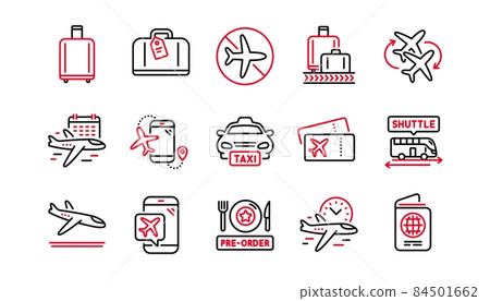 Airport line icons set. Boarding pass, Baggage claim, Arrival. Connecting flight, tickets, pre-order food icons. Passport control, airport baggage carousel, flight mode. Linear set. Vector Airport line icons set. Boarding pass, Baggage claim, Arrival. Connecting flight, tickets, pre-order food icons. Passport control, airport baggage carousel, flight mode. Linear set. Vector 84501662