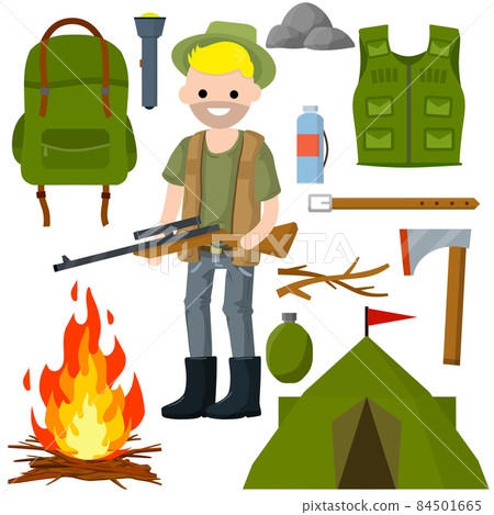 Man hunter with a gun. Tent, fire, ax, wood, backpack, Man hunter with a gun. Tent, fire, ax, wood, backpack, 84501665