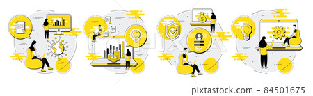 Business character illustrations. Collection of business accounting, idea bulb and money analysis icons. Cyber data, online payment and education teacher. Marketing line icons. People character vector 84501675
