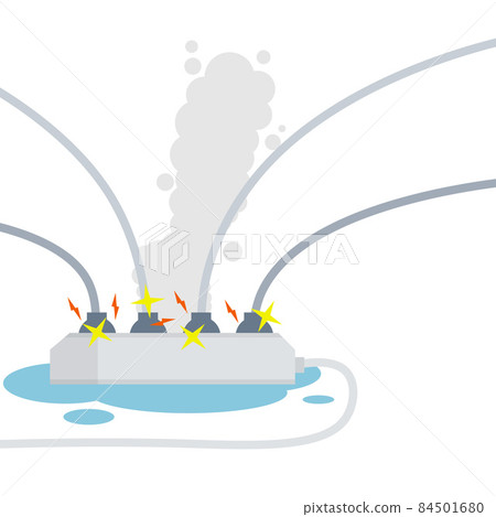 Electrical wiring. Socket with sparks and lightning. The smoke from the device. Compliance with fire safety. Set of many Cables Electrical wiring. Socket with sparks and lightning. The smoke from the device. Compliance with fire safety. Set of many Cables 84501680