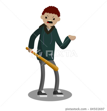 Man with baseball bat is extorting money. Problem of urban security. Man with baseball bat is extorting money. Problem of urban security. 84501697