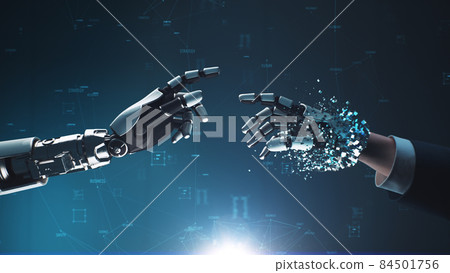 3D Render of robot turning human into cyborg 84501756